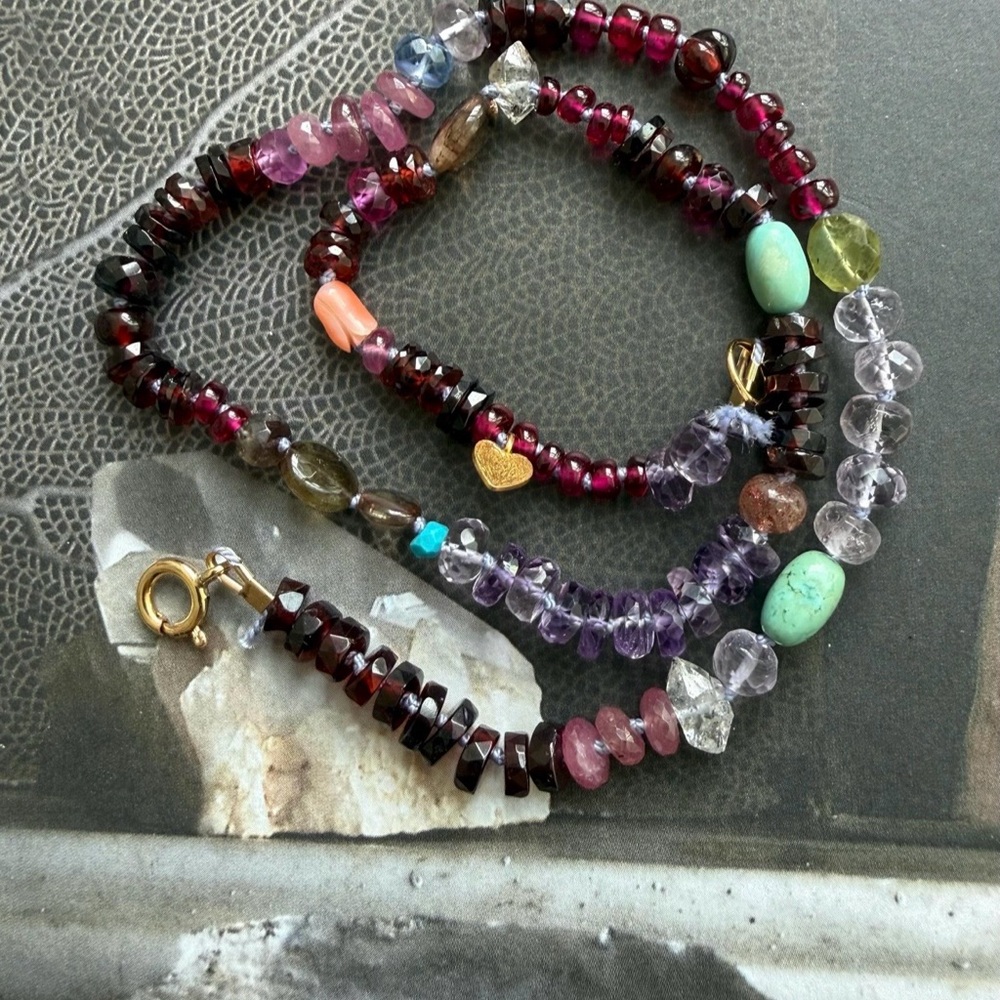 Multi gemstone necklace garnet, amethyst, turquoise, sapphire, herkimer, coral